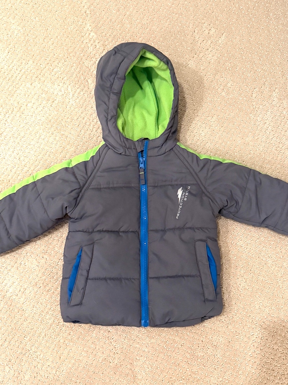 Protection System Kids Gray & Green Hooded Puffer Jacket Size 12M